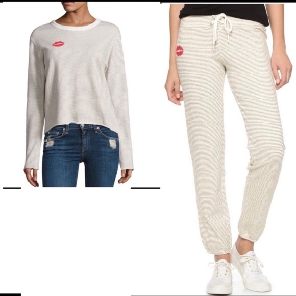 Monrow Pants - Monrow Kiss Lips Striped Sweatsuit Top Pants XS